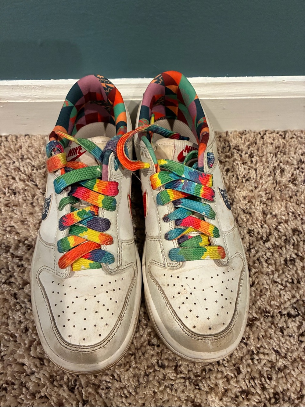 Nike Kids White Sneakers with Rainbow Multicolor Laces